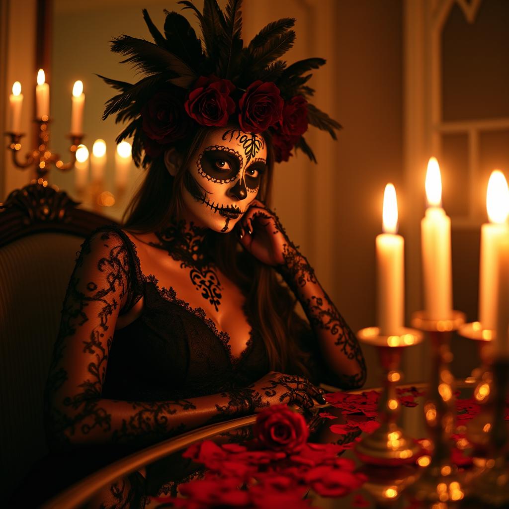 Woman with Day of the Dead face paint at a mirrored candlelit table