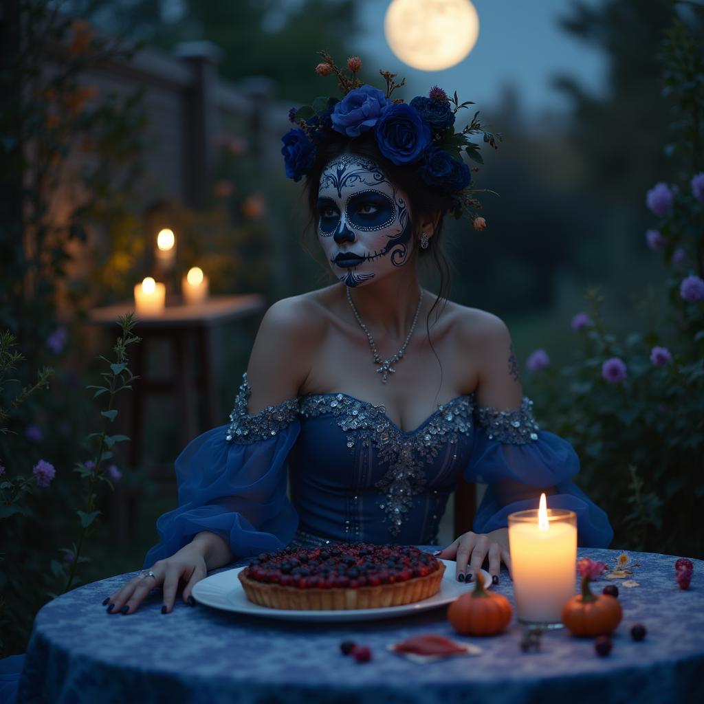 Elegant woman with Day of the Dead makeup seated in a moonlit garden