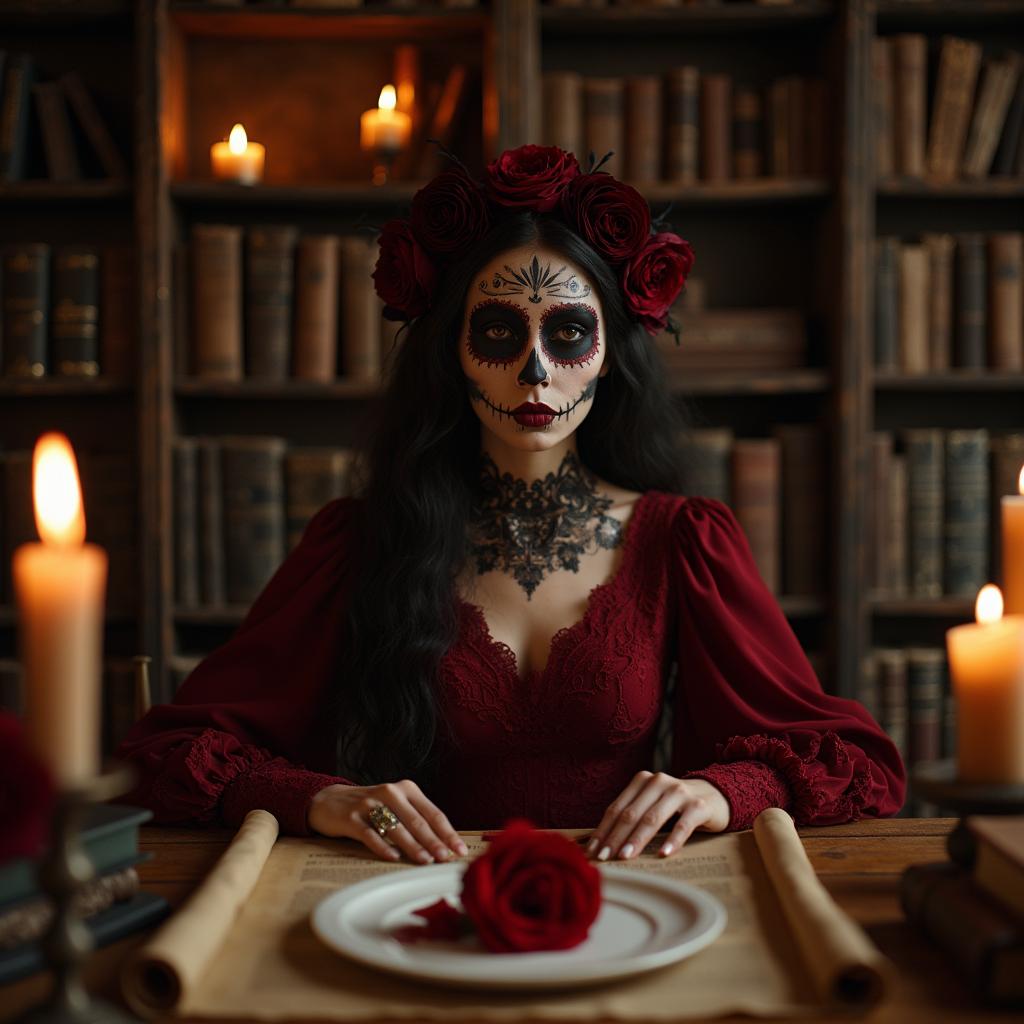 Elegant woman with Day of the Dead face paint and rose crown in library