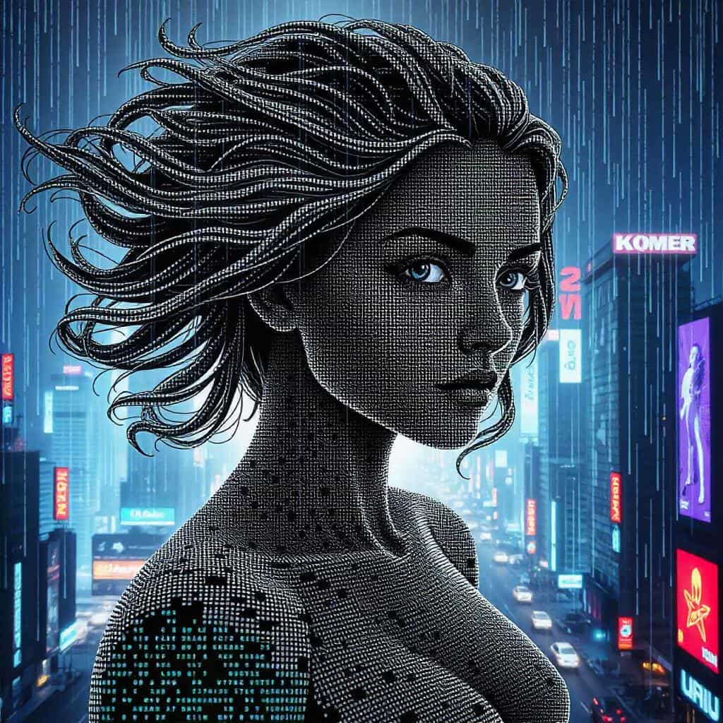 A female figure crafted with intricate Bayer dithering patterns stands before a cyberpunk cityscape, neon lights, and matrix code, rendered in pixel art.