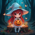 Adorable chibi witch holding a haunted pumpkin, surrounded by candles in a vibrant forest scene.