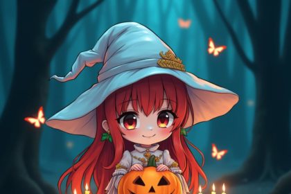 Adorable chibi witch holding a haunted pumpkin, surrounded by candles in a vibrant forest scene.