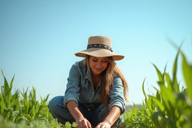 Realistic image of a farmer working in a sunlit field surrounded by crops, under a bright blue sky.