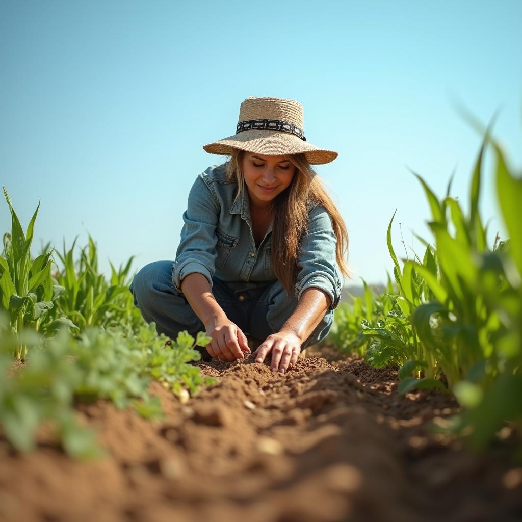 Realistic image of a farmer working in a sunlit field surrounded by crops, under a bright blue sky.