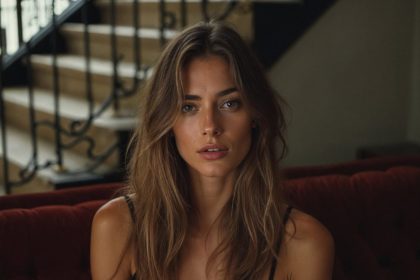 Portrait of a fashion model sitting on a velvet couch with a blurred grand staircase in the background