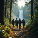 Realistic image of a group of friends hiking in a forest with a beautiful waterfall in the distance.