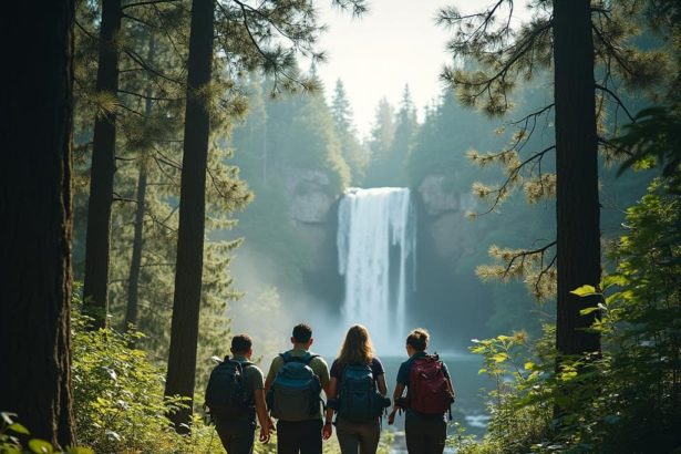 Realistic image of a group of friends hiking in a forest with a beautiful waterfall in the distance.