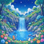 Anime forest scene with hidden waterfall, lush greenery, and pastel colors inspired by Studio Ghibli