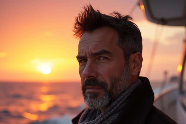 Portrait of a middle-aged man standing on a yacht at sunset, with warm golden light and blurred ocean background creating a serene atmosphere.Portrait of a middle-aged man standing on a yacht at sunset, with warm golden light and blurred ocean background creating a serene atmosphere.