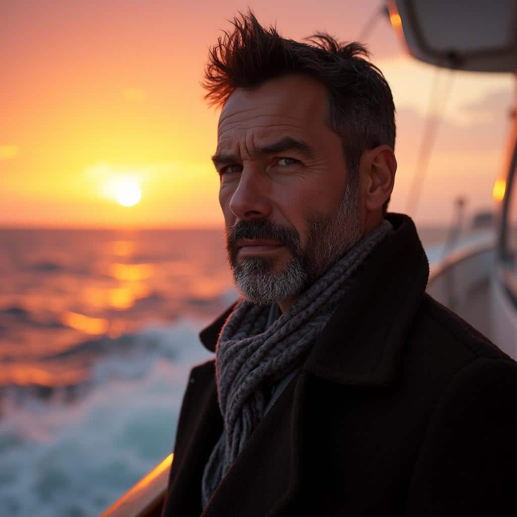 Portrait of a middle-aged man standing on a yacht at sunset, with warm golden light and blurred ocean background creating a serene atmosphere.Portrait of a middle-aged man standing on a yacht at sunset, with warm golden light and blurred ocean background creating a serene atmosphere.