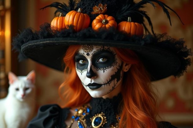 Gothic witch with Day of the Dead makeup, elaborate hat, and cat