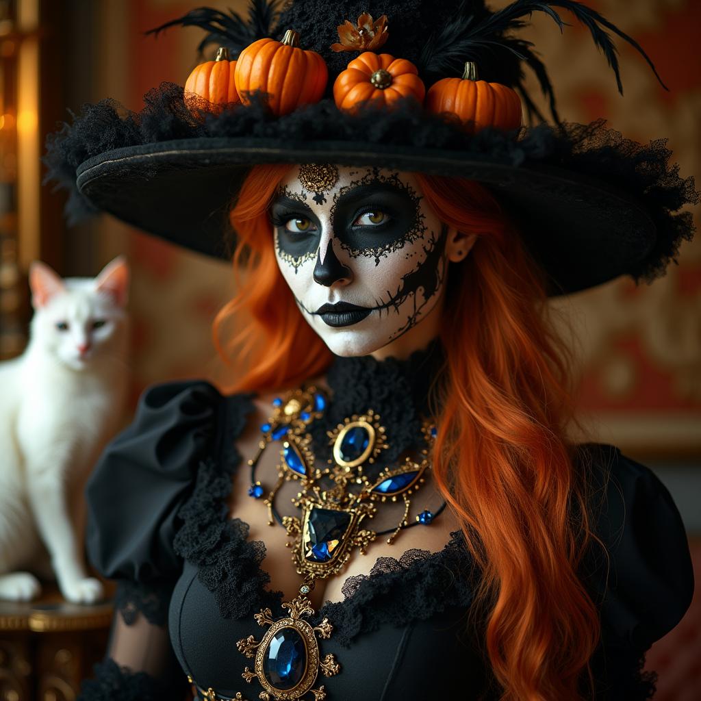 Gothic witch with Day of the Dead makeup, elaborate hat, and cat