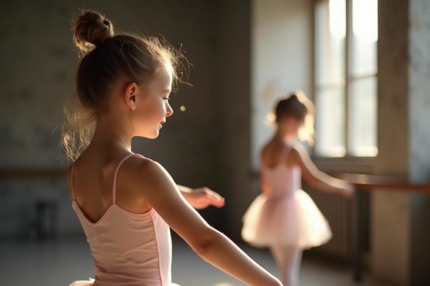 Close-up of a young girl taking a ballet lesson in a studio, gracefully posed with elegant lighting.