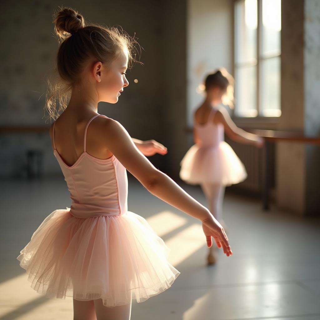 Close-up of a young girl taking a ballet lesson in a studio, gracefully posed with elegant lighting.