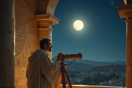 Ancient Greek astronomer stargazing with primitive telescope