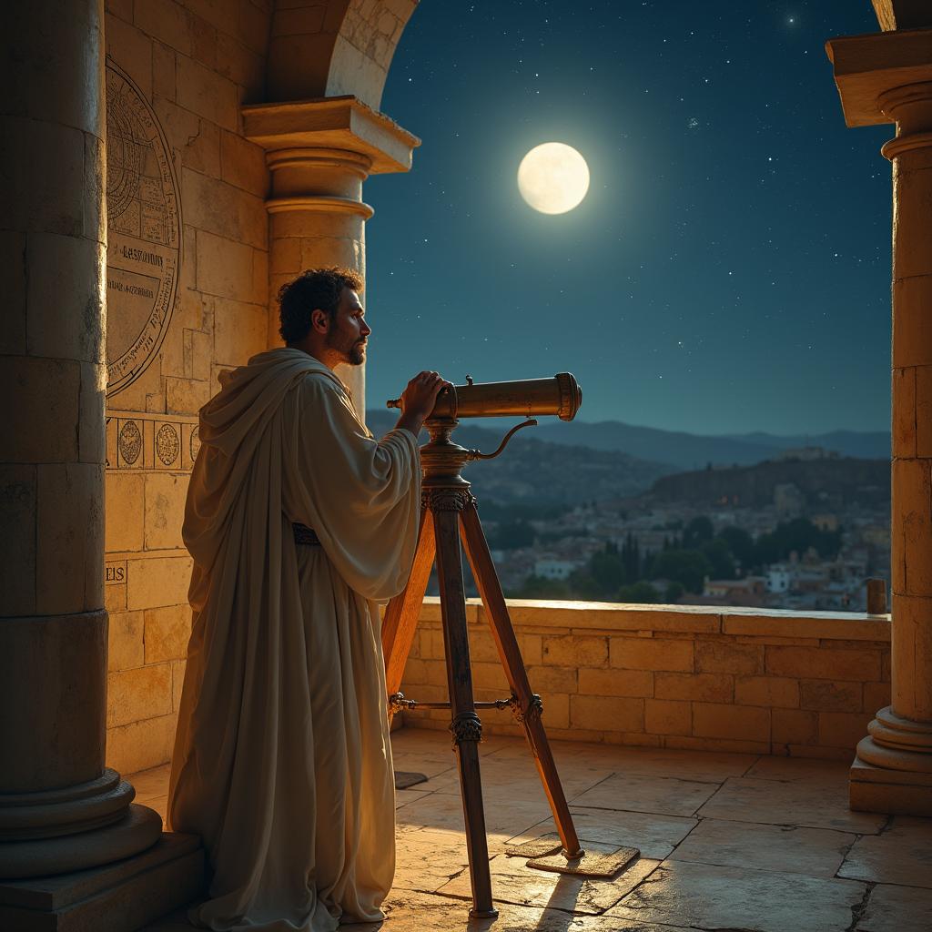 Ancient Greek astronomer stargazing with primitive telescope