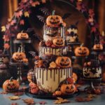 Ornate tiered Halloween cake with chocolate bats, jack-o'-lanterns, and fall leaves in a festive dessert display.