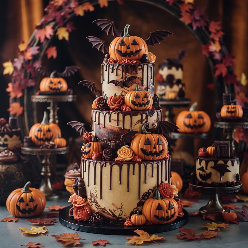 Ornate tiered Halloween cake with chocolate bats, jack-o'-lanterns, and fall leaves in a festive dessert display.