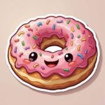 Cartoon sticker of a happy doughnut with colorful sprinkles and a cute expression on a white background.