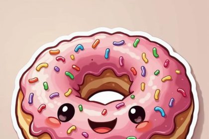 Cartoon sticker of a happy doughnut with colorful sprinkles and a cute expression on a white background.