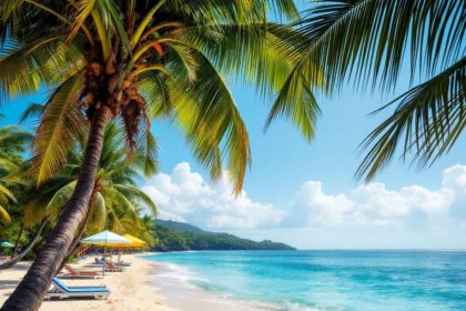 Photorealistic image of a serene beach with crystal-clear water, swaying palm trees, and colorful umbrellas capturing a paradise vibe.