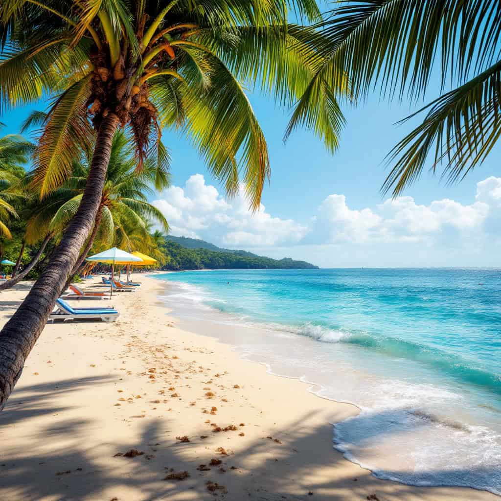 Photorealistic image of a serene beach with crystal-clear water, swaying palm trees, and colorful umbrellas capturing a paradise vibe.