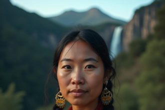 Photo-realistic image of an indigenous woman in traditional clothing and jewelry, with a natural background featuring a waterfall or mountain.