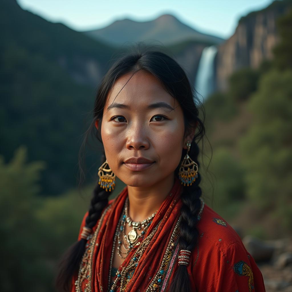 Photo-realistic image of an indigenous woman in traditional clothing and jewelry, with a natural background featuring a waterfall or mountain.