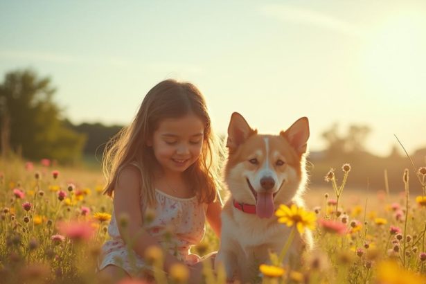 A young girl playing with her dog in a field of wildflowers, captured with a Canon EOS R5