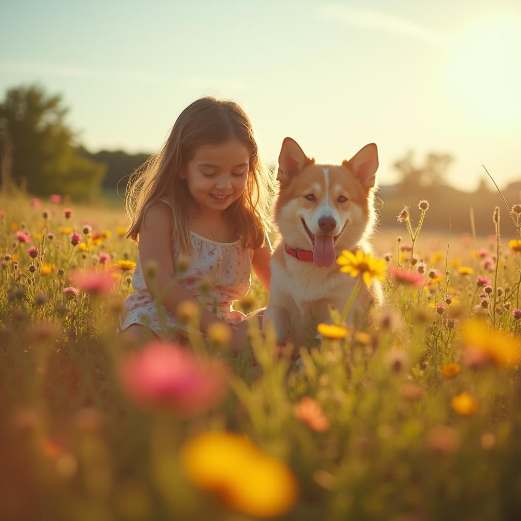 A young girl playing with her dog in a field of wildflowers, captured with a Canon EOS R5