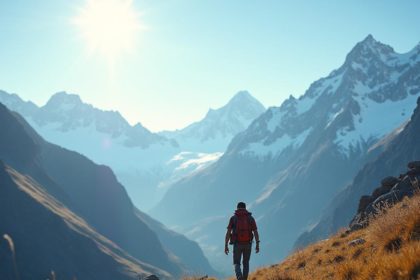 Photorealistic image of a lone hiker trekking through a mountainous landscape with snow-capped peaks.