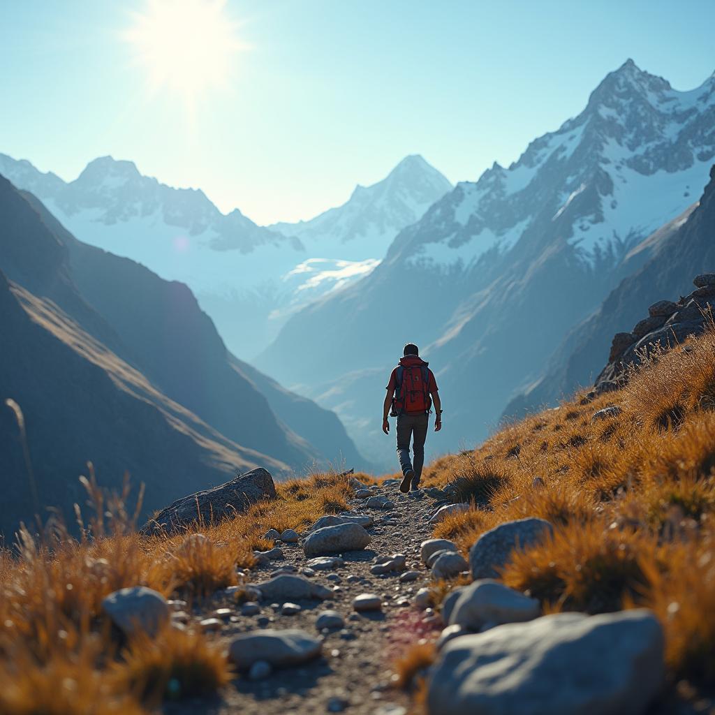 Photorealistic image of a lone hiker trekking through a mountainous landscape with snow-capped peaks.