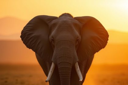 A photorealistic image of an African elephant in the savanna at sunset