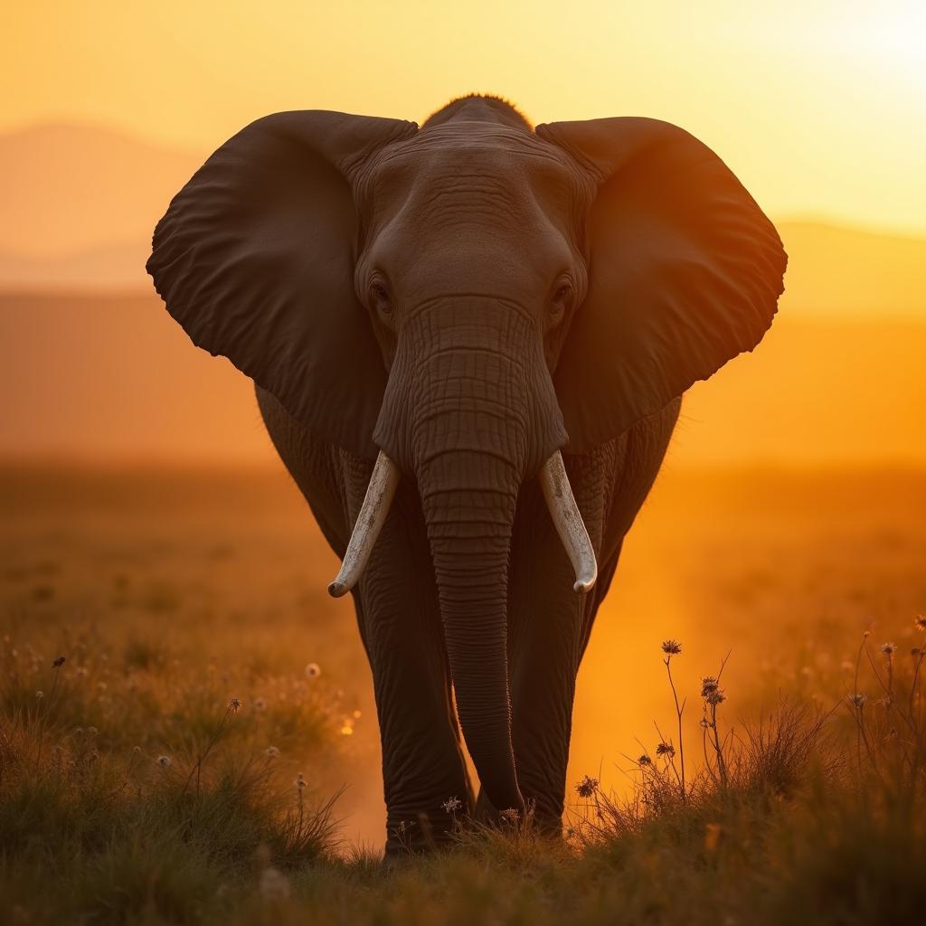 A photorealistic image of an African elephant in the savanna at sunset