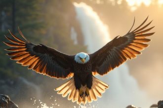 Photorealistic image of a majestic eagle in flight, wings spread wide.