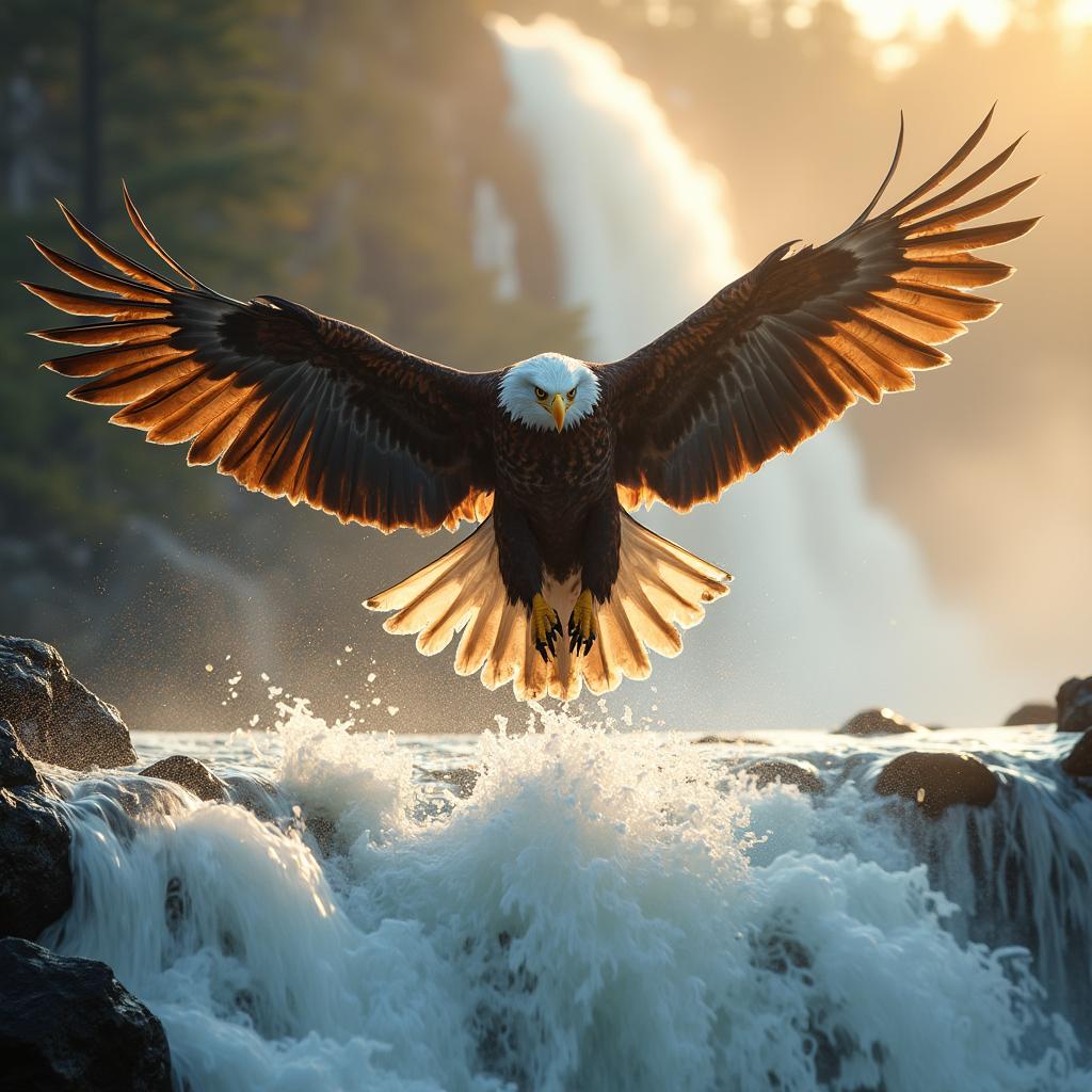 Photorealistic image of a majestic eagle in flight, wings spread wide.