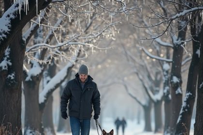 A man and his dog walking in a snowy park with trees covered in snow and icicles