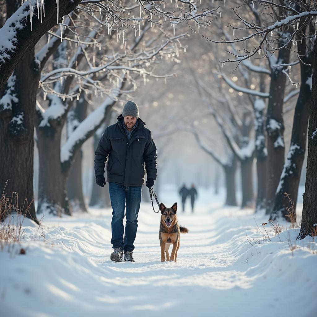 A man and his dog walking in a snowy park with trees covered in snow and icicles