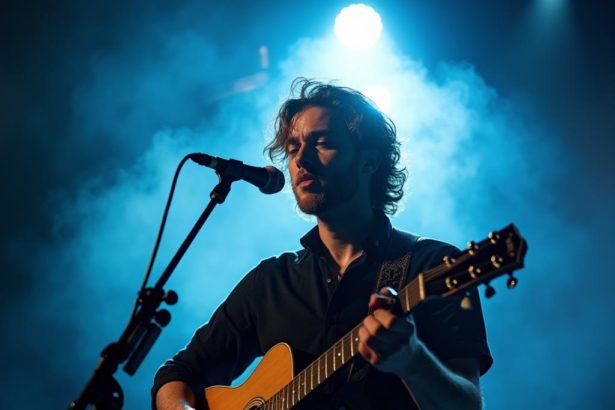 Portrait of a musician playing guitar on stage with spotlights, smoke, and dramatic lighting