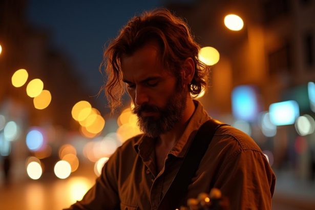 Portrait of a musician playing guitar on a street at night with city lights in the background.