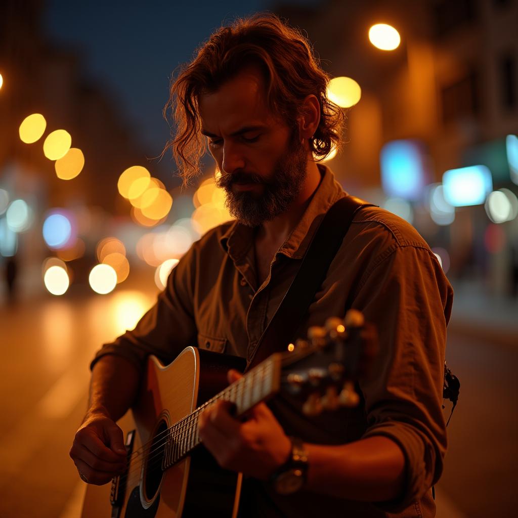 Portrait of a musician playing guitar on a street at night with city lights in the background.