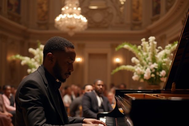 Realistic image of a musician playing the piano in a grand concert hall with elegant decor and a captivated audience.