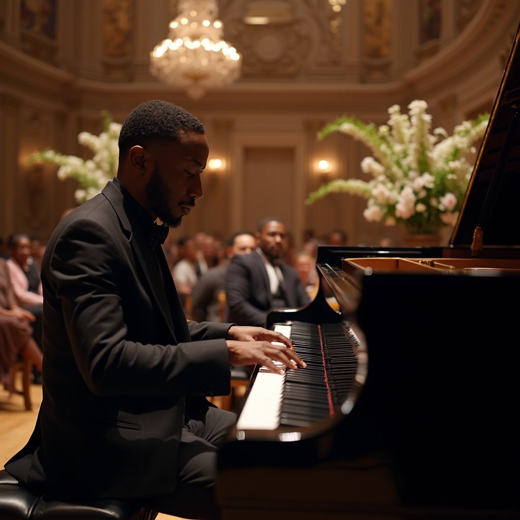 Realistic image of a musician playing the piano in a grand concert hall with elegant decor and a captivated audience.