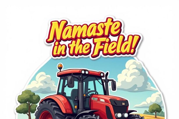 Cartoon sticker of a tractor in a meditative pose with the text "Namaste in the Field!" on a white background.