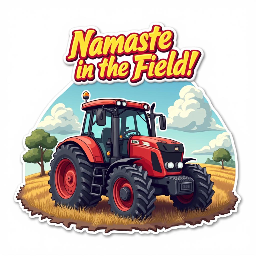 Cartoon sticker of a tractor in a meditative pose with the text "Namaste in the Field!" on a white background.