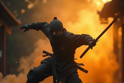 Ninja leaping through the air with a sword, set against a smoky, dramatic background, captured in photorealistic detail.