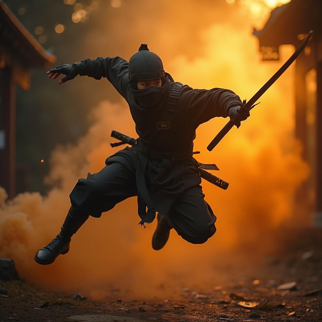 Ninja leaping through the air with a sword, set against a smoky, dramatic background, captured in photorealistic detail.