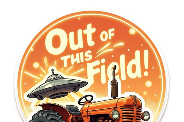 Cartoon sticker of a tractor with a UFO on the back and the text "Out of This Field!"