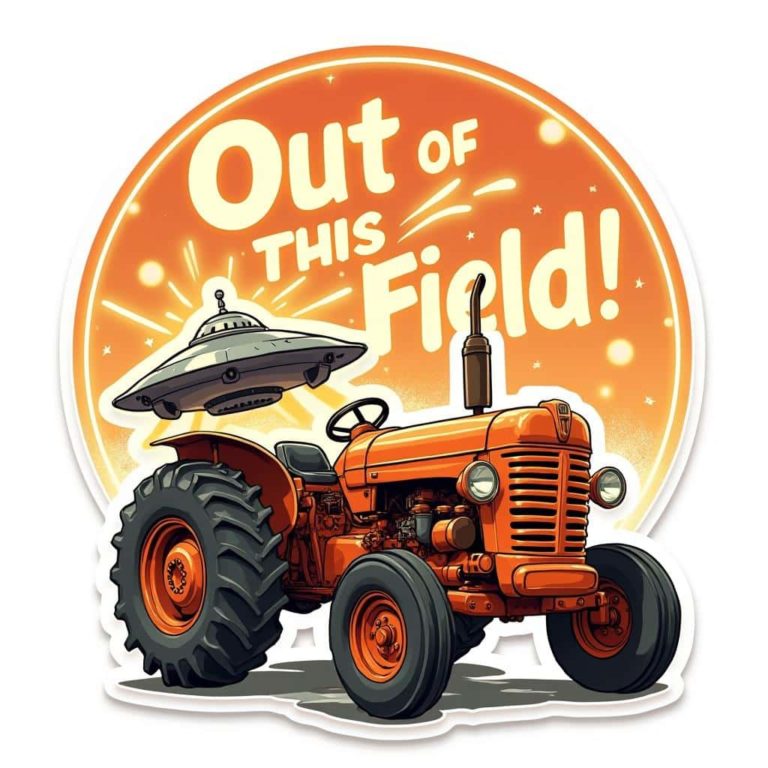 Fun Tractor UFO Cartoon Sticker: “Out of This Field!”