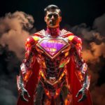 A superhero wearing a complex crystal armor that radiates rainbow hues in a cloud of smoke against a dark background, in high-resolution HDR.